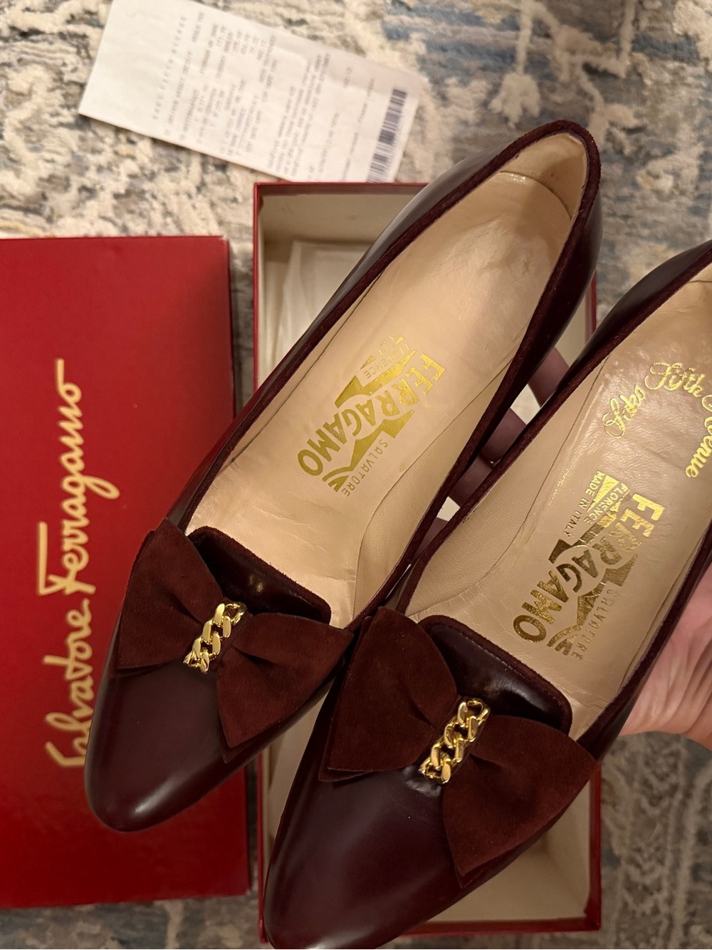 Salvatore Ferragamo Burgundy Suede Bow Chain Pump
